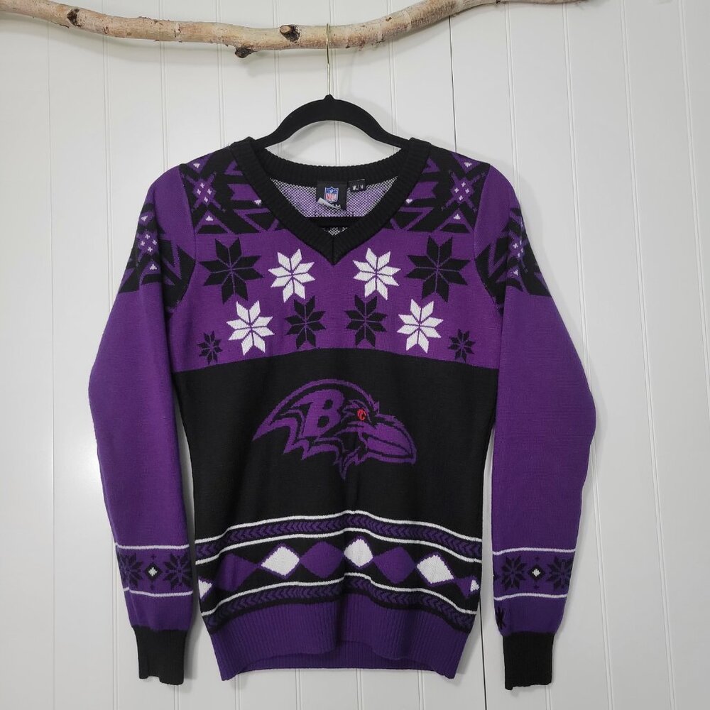 Baltimore Ravens NFL Women's M Fair Isle V-Neck Ugly Christmas Sweater. FOCO